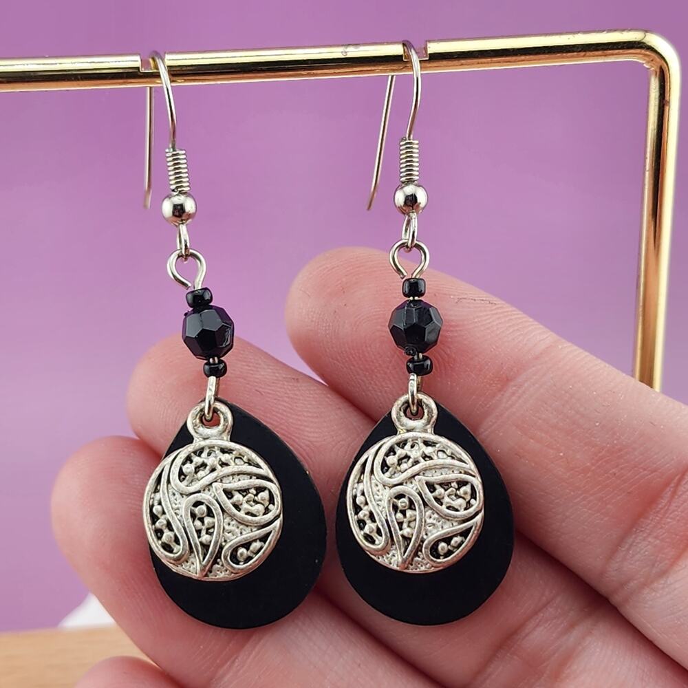 Black Teardrop Earrings Silver Tone Filigree Paisley Charms Boho Dangle Pair